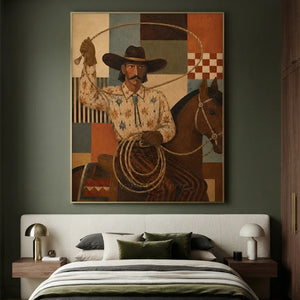 Americana Cowboy & Horse Oil Painting, Bold Geometric Art #NM457