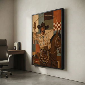 Americana Cowboy & Horse Oil Painting, Bold Geometric Art #NM457