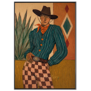 Confident Cowboy Portrait with Checkered Pants Oil Painting #NM506