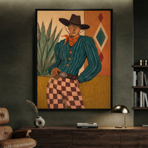 Confident Cowboy Portrait with Checkered Pants Oil Painting #NM506