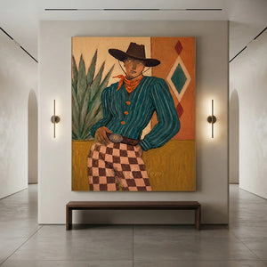 Confident Cowboy Portrait with Checkered Pants Oil Painting #NM506