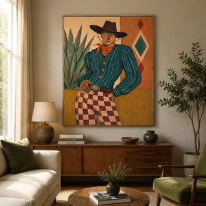 Confident Cowboy Portrait with Checkered Pants Oil Painting #NM506