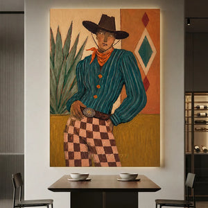 Confident Cowboy Portrait with Checkered Pants Oil Painting #NM506