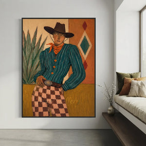 Confident Cowboy Portrait with Checkered Pants Oil Painting #NM506