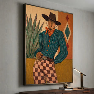 Confident Cowboy Portrait with Checkered Pants Oil Painting #NM506
