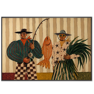 Quirky Fishermen with Big Catch & Foliage Art #NM413