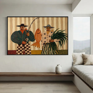 Quirky Fishermen with Big Catch & Foliage Art #NM413