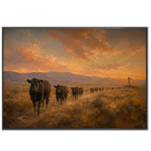 Sunset Cattle Drive: Rustic Western Landscape Oil Painting #NM416