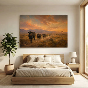 Sunset Cattle Drive: Rustic Western Landscape Oil Painting #NM416