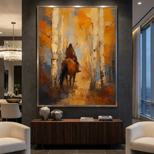 Textured Horseman in Golden Woods Abstract Oil Painting #NM465