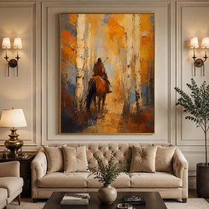 Textured Horseman in Golden Woods Abstract Oil Painting #NM465