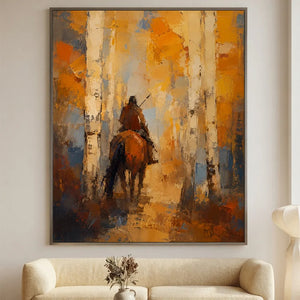 Textured Horseman in Golden Woods Abstract Oil Painting #NM465