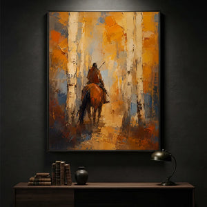 Textured Horseman in Golden Woods Abstract Oil Painting #NM465