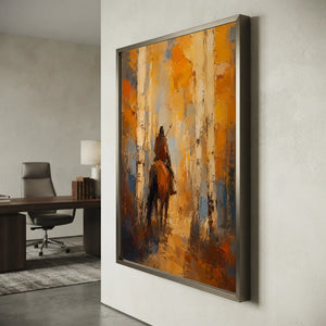 Textured Horseman in Golden Woods Abstract Oil Painting #NM465