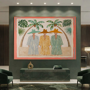 Coastal Serenity: Three Figures Under Palm Trees #NM420