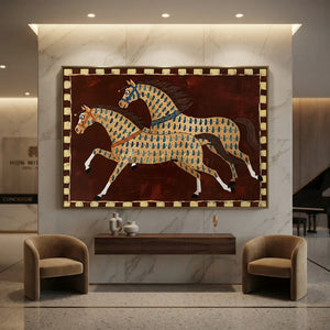 Dynamic Folk Art Horses Textured Oil Painting #NM421