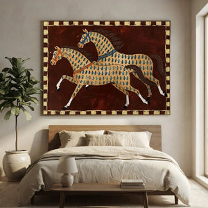 Dynamic Folk Art Horses Textured Oil Painting #NM421