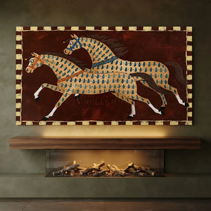 Dynamic Folk Art Horses Textured Oil Painting #NM421