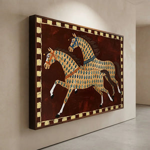 Dynamic Folk Art Horses Textured Oil Painting #NM421