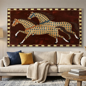 Dynamic Folk Art Horses Textured Oil Painting #NM421