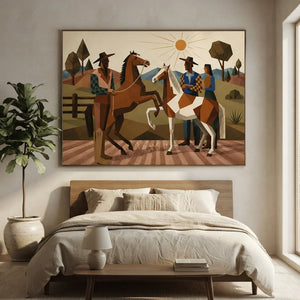 Geometric Western Horsemen & Horses Landscape Art #NM422
