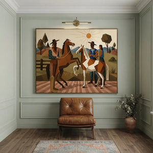 Geometric Western Horsemen & Horses Landscape Art #NM422
