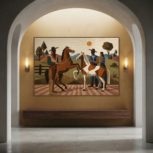 Geometric Western Horsemen & Horses Landscape Art #NM422