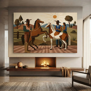 Geometric Western Horsemen & Horses Landscape Art #NM422