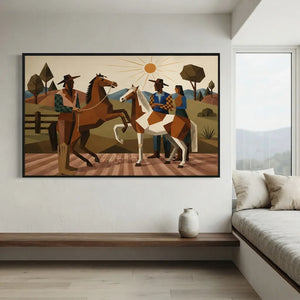 Geometric Western Horsemen & Horses Landscape Art #NM422
