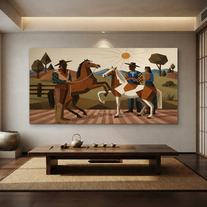 Geometric Western Horsemen & Horses Landscape Art #NM422