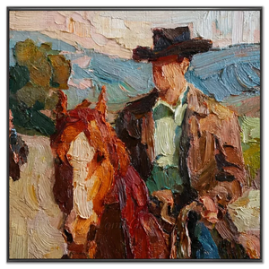 Vibrant Cowboy & Horse Textured Oil Painting #NM441