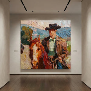 Vibrant Cowboy & Horse Textured Oil Painting #NM441