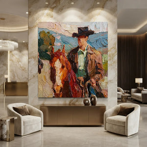 Vibrant Cowboy & Horse Textured Oil Painting #NM441