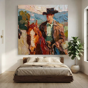 Vibrant Cowboy & Horse Textured Oil Painting #NM441