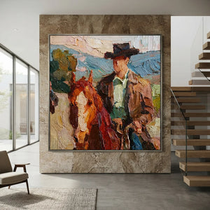 Vibrant Cowboy & Horse Textured Oil Painting #NM441