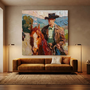 Vibrant Cowboy & Horse Textured Oil Painting #NM441
