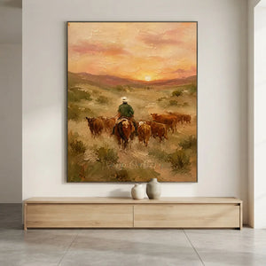 Western Sunset Cowboy & Cattle Oil Painting #NM475