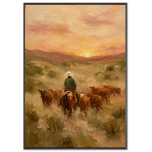 Western Sunset Cowboy & Cattle Oil Painting #NM475