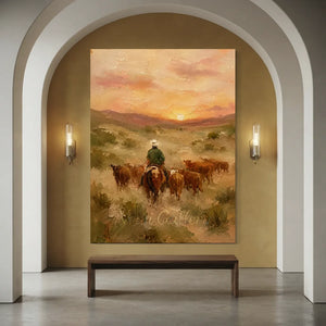 Western Sunset Cowboy Herding Cattle Oil Painting #NM475