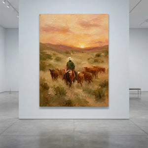 Western Sunset Cowboy Herding Cattle Oil Painting #NM475