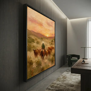 Western Sunset Cowboy & Cattle Oil Painting #NM475