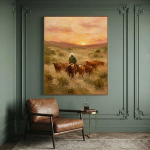 Western Sunset Cowboy Herding Cattle Oil Painting #NM475