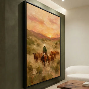 Western Sunset Cowboy & Cattle Oil Painting #NM475