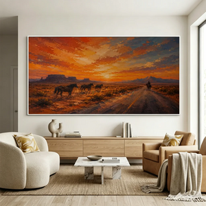 Desert Sunset with Wild Horses & Rider Oil Painting #NM427