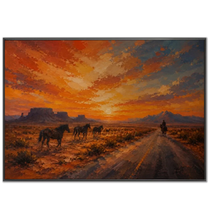 Desert Sunset with Wild Horses & Rider Oil Painting #NM427