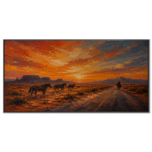 Desert Sunset with Wild Horses & Rider Oil Painting #NM427