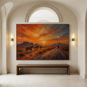 Desert Sunset with Wild Horses & Rider Oil Painting #NM427