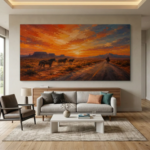 Desert Sunset with Wild Horses & Rider Oil Painting #NM427