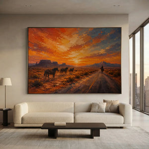Desert Sunset with Wild Horses & Rider Oil Painting #NM427
