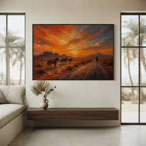 Desert Sunset with Wild Horses & Rider Oil Painting #NM427